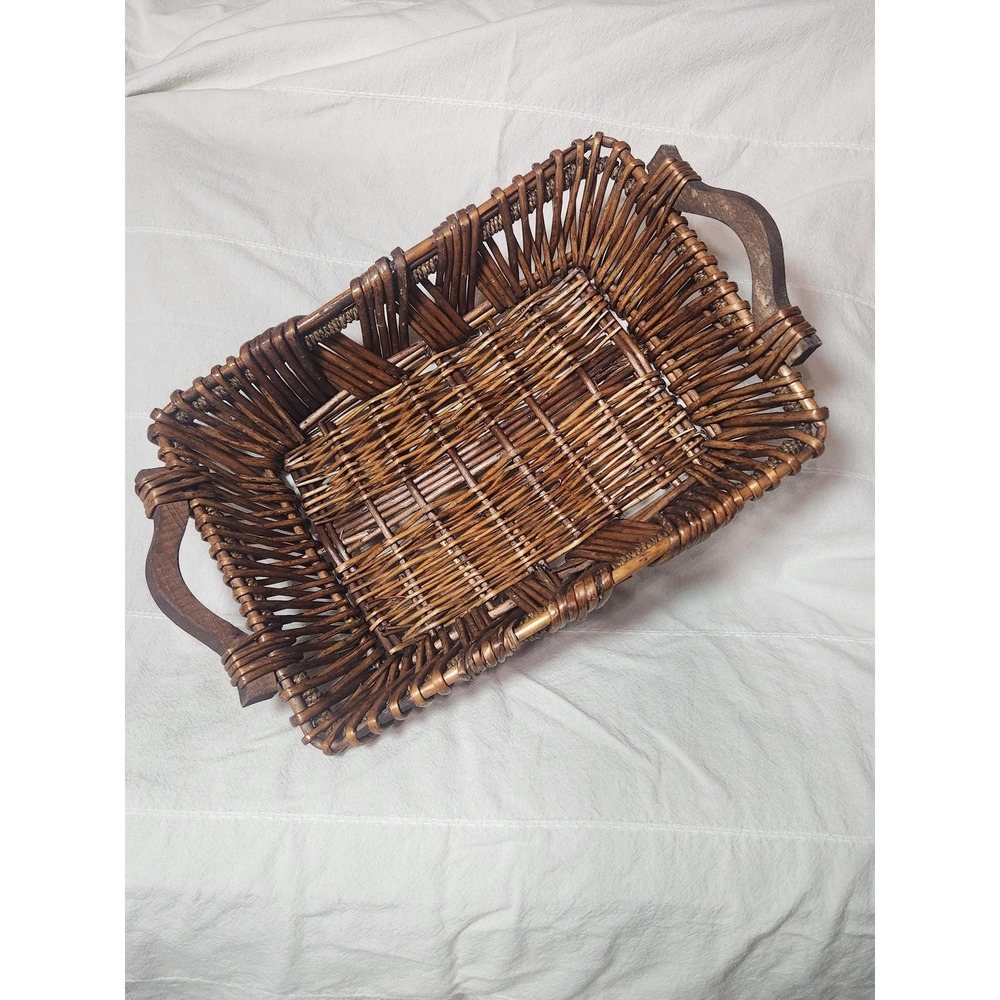Vintage Rustic Rectangular Wicker Basket with Wood Handles Brown Woven Tray